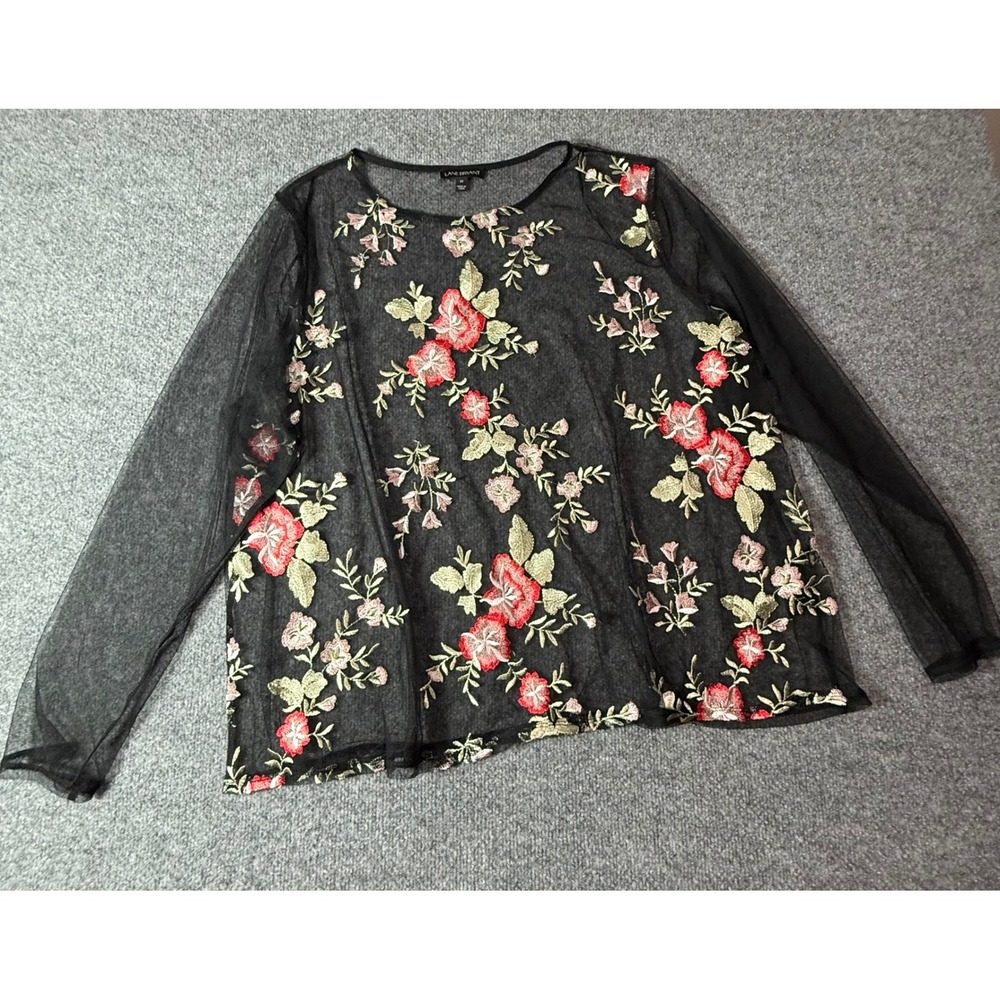 Lane Bryant Floral Embroidered Sheer‎ Black Long Sleeve Top Plus Size 22